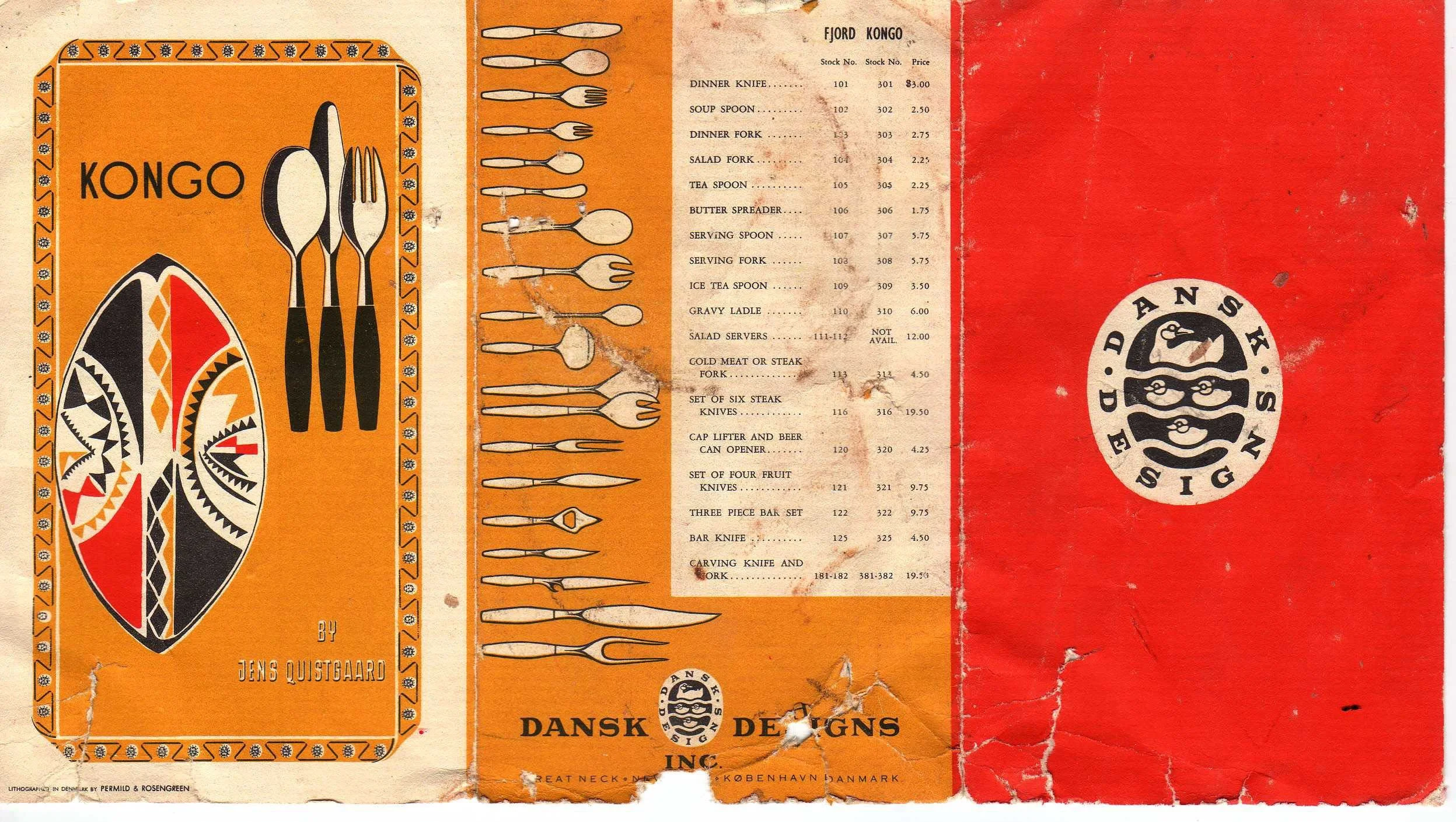 Dansk Fjord and Kongo Flatware Price Lists and Care Card, circa